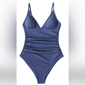 Blue V Neck Ruching One Piece Swimsuit